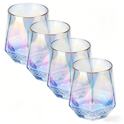 Wine Glasses Set Of 4,Diamond Stemless Wine Glasses - Iridescent Glassware with Gold Rim, for Spirits,Cocktails,Whisky,Bourbon o