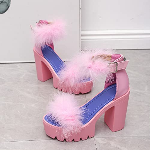 YSMIIH Women's Faux Fur Chunky Heel Sandals Platform Open Toe Fuzzy Ankle Strap Sexy Colorful Wedding Dress Heels3