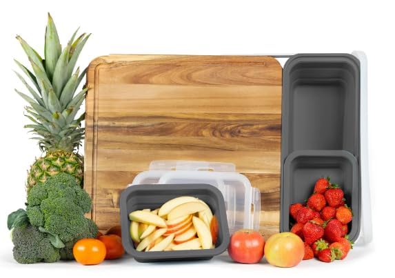 TidyBoard Meal Prep Cutting Board with Containers - Acacia Wood Cutting Board with Silicone Containers and Lids - Meal Prep Station - Over-the-Sink Chopping Board (Base Pack, Grey)