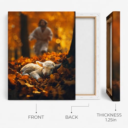 Image of Jesus and Lamb Canvas Wall Art Jesus Runs for the Lost Sheep In Autumn Forest Picture Wall Art Canvas Print Christian Home Decor 8x10 inch