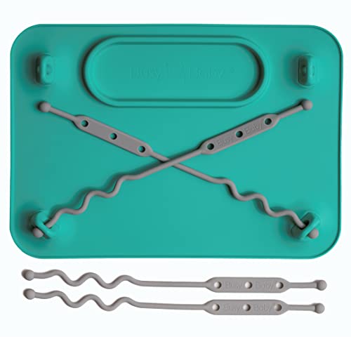Image of Busy Baby Silicone Placemat - Built-in Suction Cups - 4 Toy Tethers for Babies Toddlers and Kids - Food Grade Silicone - 8.5 x 11 in - Comes with Travel Sleeve - Dishwasher Safe - Spearmint