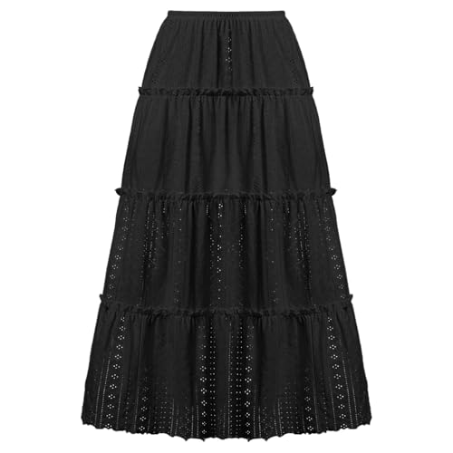 Women's Lace Embroidery Eyelet Maxi Skirt High Elastic Waisted Tiered A-Line Flowy Swing Boho Midi Long Skirts2