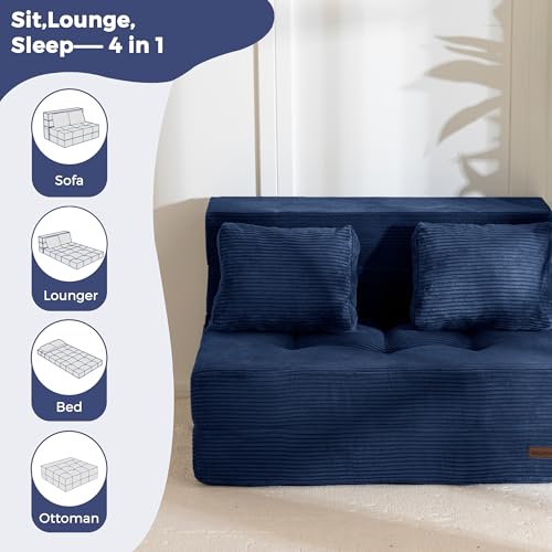 Image of MAXYOYO Convertible Sofa Bed, Fold Out Sofa Couch with Pillow, 4 in 1 Tufted Folding Couch Bed Foam Floor Couch, Lazy Chair for Living Room Bedroom Guest Room, Navy