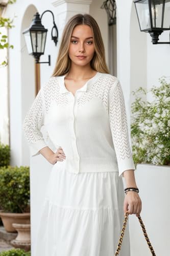 Image of Women's Lightweight Crochet Cardigan Sweater Open Front Knit Lace-Up Cover Up Casual Spring Fall Chic Outerwear Tops 23 White S