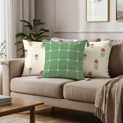 Image of Urban Space Decorative Cotton Cushion Cover Set of 3, 16 Inch X 16 Inch Cushion Covers for Sofa, Bedroom, Living Room (Aster Pink + Aura Checks sage Green with White Tassel, 40Cm X 40Cm, Set of 3)