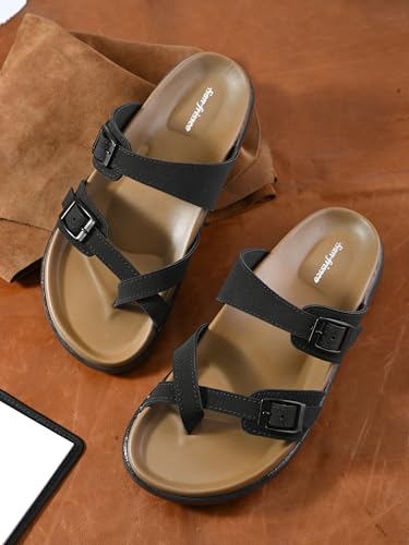 Image of San Frissco Men's Dual Buckle Slide Sandals | Adjustable Straps | Cushioned Footbed | Lightweight Casual Slip-On Sandals