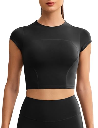 ENERBLOOM Workout Crop Tops for Women Yoga Short Sleeve Mild Support Slim Fit Cropped Athletic Shirts Gym Tee Built in Bra Black Medium