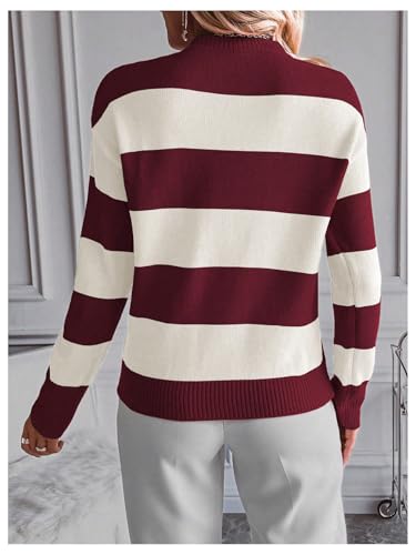Image of MakeMeChic Women's Striped Sweaters Colorblock Crew Neck Long Sleeve Casual Pullover Tops Burgundy X-Large