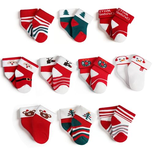 LAETBBE 10 Pairs Baby Christmas Socks Boys Girls Cotton Newborn and Terry Socks for 1-3 Years