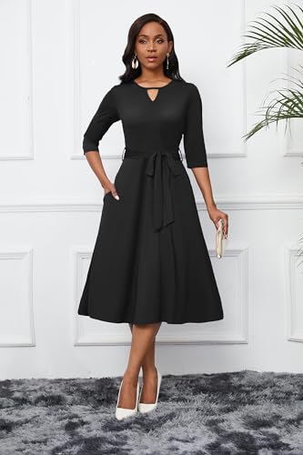 Image of CLOCOR Midi Dresses for Women Casual A-Line Fit and Flare Dress Crewneck 3 /4 Sleeve Keyhole Cocktail Party Church Dress