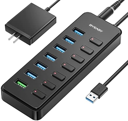 BYEASY 7 in 1 USB Hub with BC1.2 Smart-Charging Port, Powered USB 3.0 Hub with 5V/3A Power Adapter,USB Data Splitter with Individual Indicator for Notebook Laptop Tablet USB Flash Drives PC