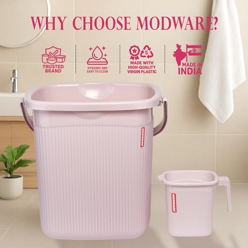Image of Modware Square Ribbon Plastic Bucket Set with Mug | 25L Brown Bathroom Bucket with Handle + 1.5L Mug | Heavy-Duty Polypropylene + Co-Polymer | Stylish & Durable Bath Set (Pink 25 L)
