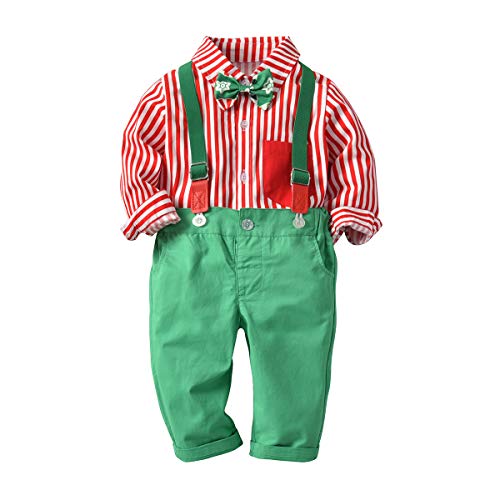IWEMEK 2 Pieces Baby Boys Long Sleeve Dress Tuxedo Bow Ties Shirt + Suspenders Pants Toddler Gentleman Wedding Formal Wear Outfits Overalls Clothes Set Red Shirt + Green Pants 2-3 Years