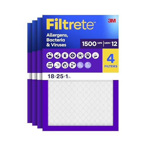 Filtrete 18x25x1 Air Filter MERV 12 MPR 1500 Allergens Bacteria & Viruses 3-Month AC and Furnace Filters Cleaner Air Reliable Airflow 4 HVAC Filters (Actual Size 17.81 x 24.81 x 0.78 in)