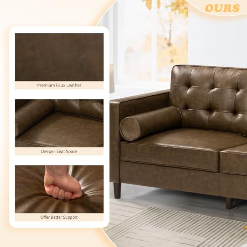 Image of 84 inch Premium Faux Leather 3-Seat Sofa w /2 Bolster Pillows and Tufted Backrest, Mid-Century Modern Sofa, Luxury Couch for Living Room, Bedroom, Office, Coffee Brown