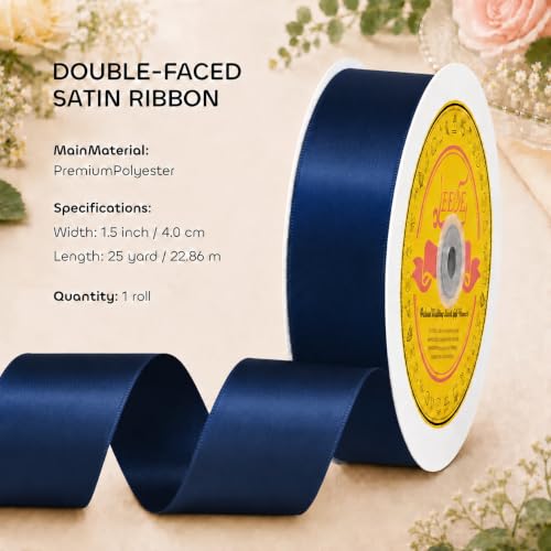 Image of Double Face Navy Blue Satin Ribbon 1-1 /2 inch X 25 Yards Polyester Navy Blue Ribbon for Gift Wrapping Very Suitable for Weddings Party Hair Bow Invitation Decorations and More