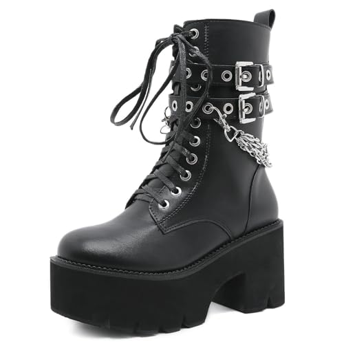 Image of Parisuit Womens Goth Patent Ankle Boots Platform Chunky Combat Boots | Lace Up, Gothic Boots, High Heel, Punk Short Booties, Buckle Boots, Chain Boots