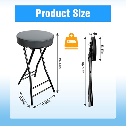 Image of Folding Bar Stool,24 Inch Tall Foldable Stool Chair,Counter Height Cushioned Leather Padded Portable Stools,Heavy Duty Collapsible Stools for Kitchen Island Garden Camping Grey