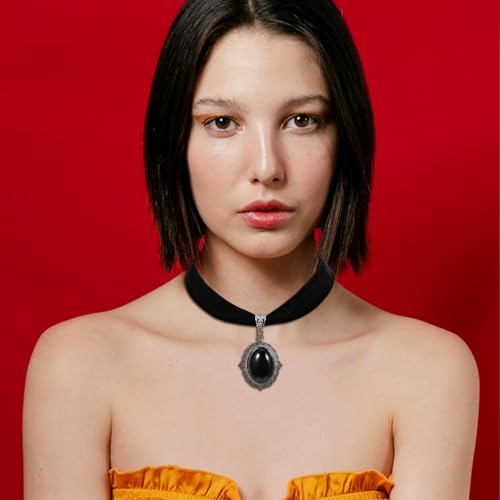 Telooco Trachtenkette Damen Schwarz Gothic Choker Halskette mit Diamanten Verstellbar Gothic Halsreif Vintage Samt Halsband mit Anhänger Schmuck für Mädchen Braut Vampir Halloween Cosplay