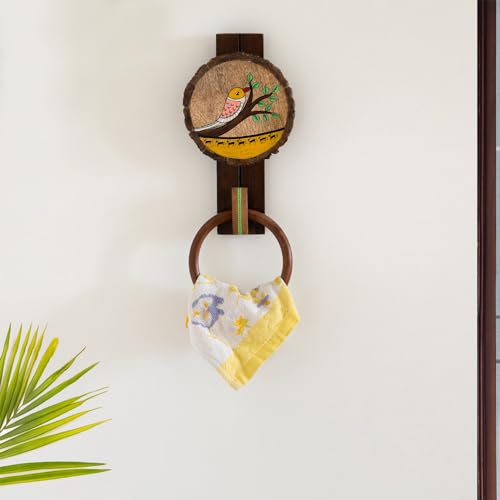 Image of ExclusiveLane 'Singing Bird' Wooden Towel Ring Holder for Wash Basin | Handpainted Towel Hanger for Bathroom Towel Holder Kitchen Towel Holder for Wash Basin Towel Ring (Mango, Teak & Sheesham Wood)