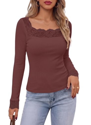 Image of Dokotoo Womens Tops Lace Long Sleeve T Shirts Ribbed Knit Stretch Top 2026
