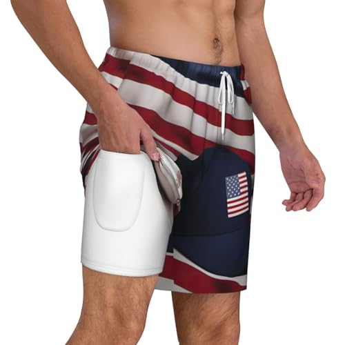 American Flag and Baseball Men's Soft Double Swim Shorts, Lounge Swiming Shorts Pants Breathable Summer3