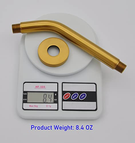 Aquaiaw Shower Arm And O-Ring Flange, 8 Inch, Solid Brass, Brushed Gold, Round, Both Soldered 1/2 Npt Tapered Threads, Wall Mount Shower Arm Extension With Escutcheon, For Rain Shower Head Max. 12" #TOP4