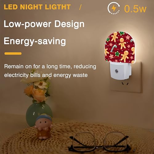 Image of Candy and Star Night Lights Plug into Wall Christmas Red Gingerbread Night Light Dusk to Dawn Smart Sensor Decorative Round Led Lamp for Bedroom Kitchen Hallway Nightlight for Women Men