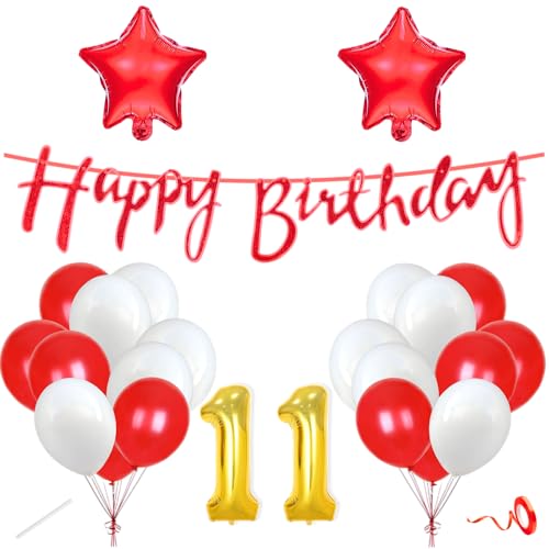 Image of Flyloons 11th Happy Birthday Decoration Kit Red White for Boys Girls Kids Twins Men Women With 20 Pcs Metallic Balloons Birthday Banner 2 Pcs Star Items Set