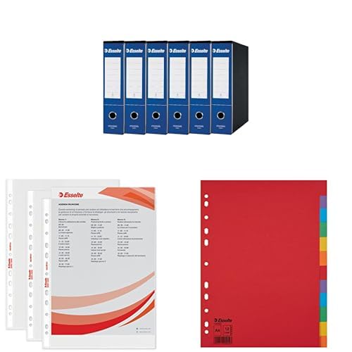 Set Esselte ESSENTIALS G75 6x Registratore con Custodia f.to Protocollo, Dorso 8 cm, Blu, 390775050 + 10 Confezioni di Divisori 12 Tasti A4, Multicolore,100202 + 100 buste A4 trasparenti, 395613000