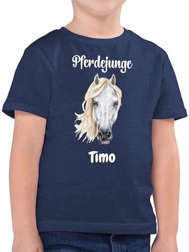 Kinder T-Shirt - Pferd - Reiten Geschenk Pferdejunge mit Namen Pferdekopf I Pferde Geschenke Jungen personalisiert - 104 (3/4 Jahre) - Dunkelblau Meliert - wunschtext pferdemotiv Shirt pferdefans