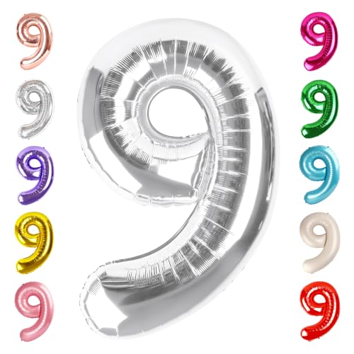 Image of Number 9 Balloon Birthday Decorations, 40In Silver Balloons for Men Women | Eye-catching Appearance, Perfect Decorative Centerpieces, Convenient Self-sealing Structure, Widely for Various Occasions