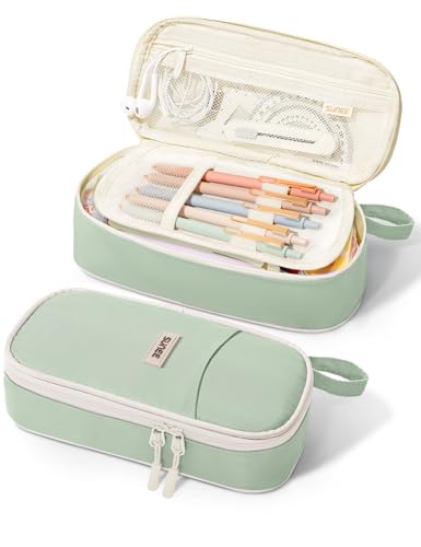 Image of SUNEE Cute Pencil Case, Aesthetic Pen Pouch, Colored Large Pencil Bag with Zipper, Kawaii Stationery Storage and Organizer, School Supplies for Teen and Adult Girls, Green