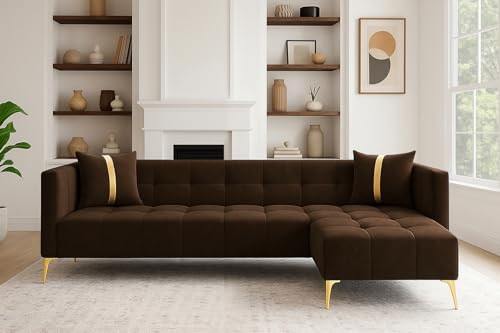 Image of FURNY Styliving 6 Seater Fabric RHS L Shape Sofa Set (Brown) with Golden Finish Legs | Durable & Comfortable | Ideal for Living Room