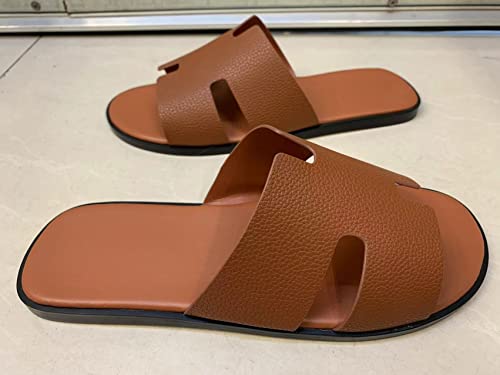 Image of Mengchengying Mens Casual Comfortable Lightweight Fashion Genuine Leather Slip Slide Indoor and Outdoor Open Sandal Anti Slip Cushion Support