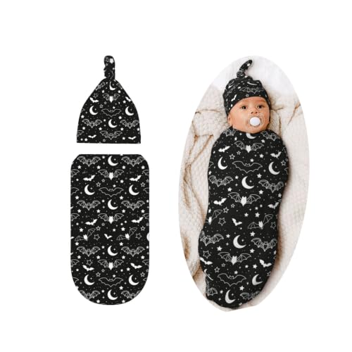 Image of Lcokin Halloween Goth Baby Stuff Swaddle Blanket with Hat Set Bat Receiving Blanket for Boys Girls Shower Gift