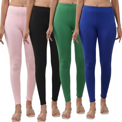 Image of Volex Women and Girls Full Length Leggings | Cotton Spandex /Elastane 4 Way Stretchable | Casual Slim fit Ultra Soft Leggings-Pack of 4