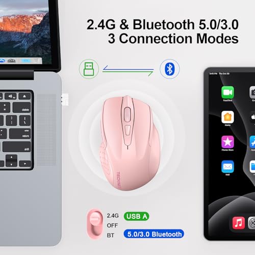 Image of TECKNET Wireless Mouse, BT 5.0 /2.4G, Rechargeable 6-DPI Silent, Pink | Bluetooth 5.0 /3.0 & USB A, 2-Device Easy Switch, Wide OS Compatible, 6 Buttons, 6-DPI up to 4800, Ergonomic for S to M Hands