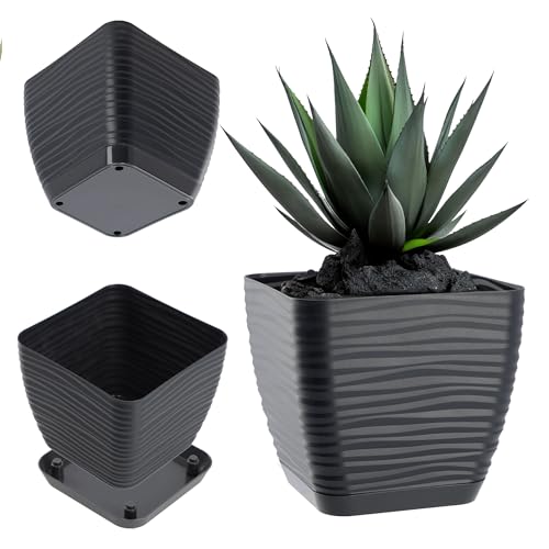 KADAX Maceta con plato, maceta para interiores, maceta ligera de plástico, maceta para flores, plantas, hogar, habitación, maceta (15 cm, cuadrada, antracita)