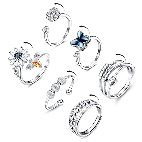 Image of DOLOTTA 6 Pcs Fidget Anxiety Spinner Rings for Women Cubic Zirconia Adjustable Rotatable Flower Butterfly Calming Worry Meditation Ring with Beads Stress Relief Stackable Rings, Metal, Cubic Zirconia,
