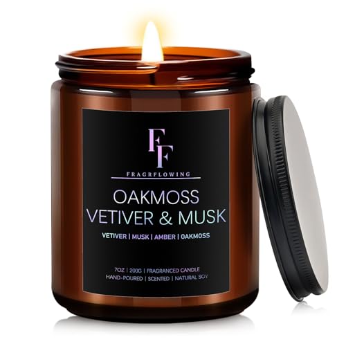 Ff Fragrflowing Oakmoss, Vetiver & Musk Scented Candles,Candles For Home Scented Aromatherapy Candles,Soy Wax Candle Gift For Women Men Amber Jar Candle cover