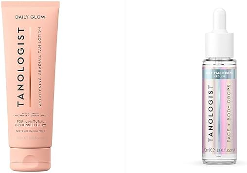 Tanologist Brightening Daily Glow Gradual Self-Tanning Lotion, Light/Medium 250ml + Tanologist Self Tan Drops Medium 30 ml Bundle