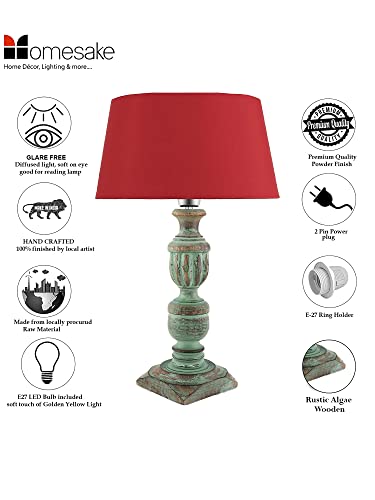Image of Homesake Handcrafted Wooden Table Lamp for Living Room & Bedroom | Bedside Rustic Algae French Table Lamp with Red Fabric Shade | Included Bulb | Decorative Wooden Night Lamp for Home Decor
