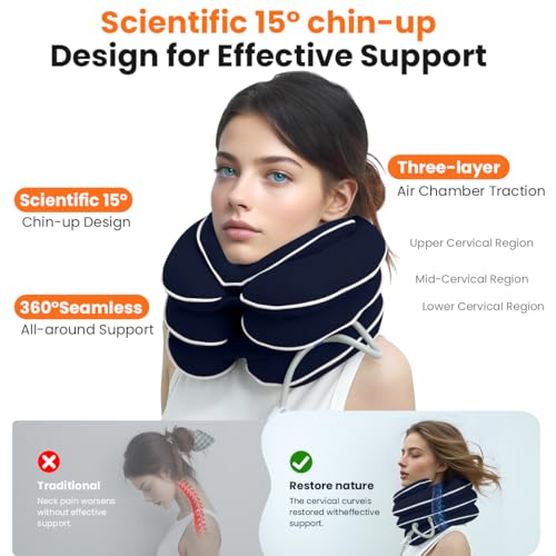 Neck Stretcher with Neck Brace,Cervical Traction Neck Device,Neck Relief Tool,Adjustable Inflatable Cervical Brace,Home Use Neck Decompression New Technology Breathable Fabric Washable(Blue) - Thumbnail 4