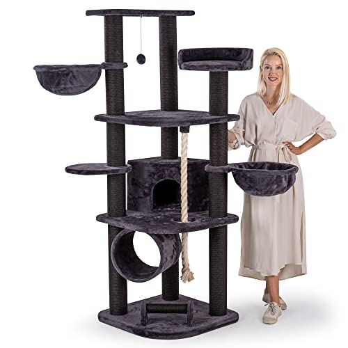 HAPPYPET Kratzbaum für Katzen groß 181 cm hoch - Stabiler Kletterbaum Katzenbaum Dicke Stämme mit 11 cm Haus & Spieltunnel große Liegemulden Spietau mit Kratzrolle Anthrazit