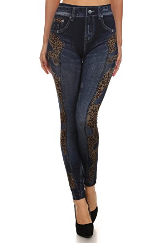ICONOFLASH Women's Fleece Lined Faux Denim Sublimation Legging (Cheetah Patchwork, One Size)
