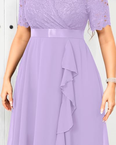 Image of Talisea Plus Size Wedding Guest Dress - Formal Cocktail Party Ruffle Elegant Tea Length Lace Chiffon V Neck Midi Dresses