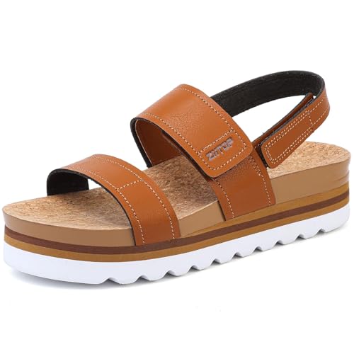 ziitop Sandalias ortopédicas de plataforma para mujer, con cuña de ajuste ancho, plantilla de corcho, tiras ajustables, puntera abierta, zapatos gruesos para playa y verano, Brown, 41 EU