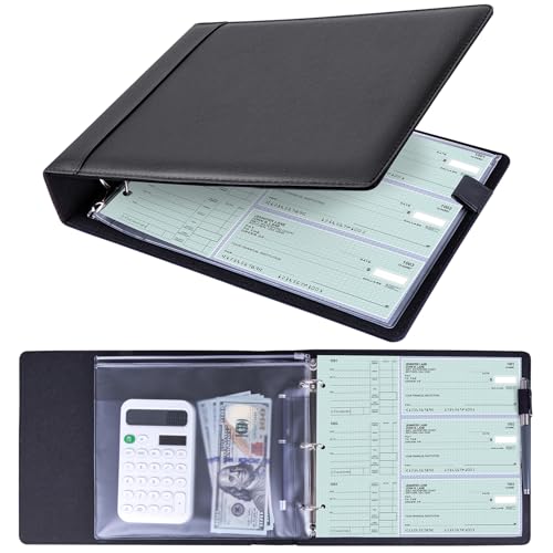 Antner 3 Ring Personal Check Binder for 3-on-a-Page End-Stub Deskbook & Personal 3 Holes or 9 Holes Small Size Checks PU Leather Check Holder Checkbook Binder Cover with Zipper Pouch Black