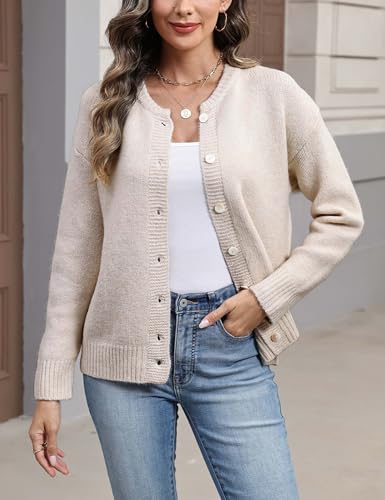 Women's Round Neck Button Down Long Sleeve Blouse Cardigan Loose Fit Knit Top Crewneck Sweater(Cream-L)4